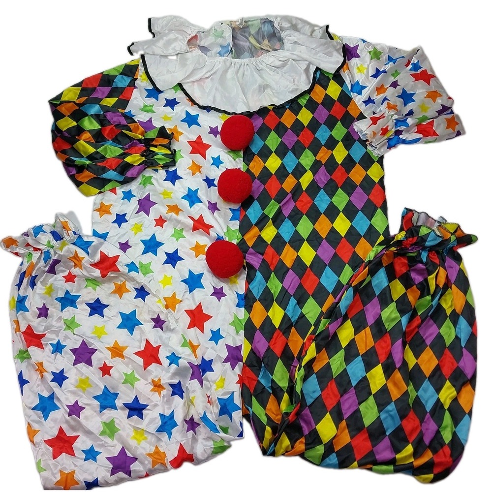 Unisex Clown Costume Multicolor Jumpsuit Ruffle Collar Circus XL Stars White